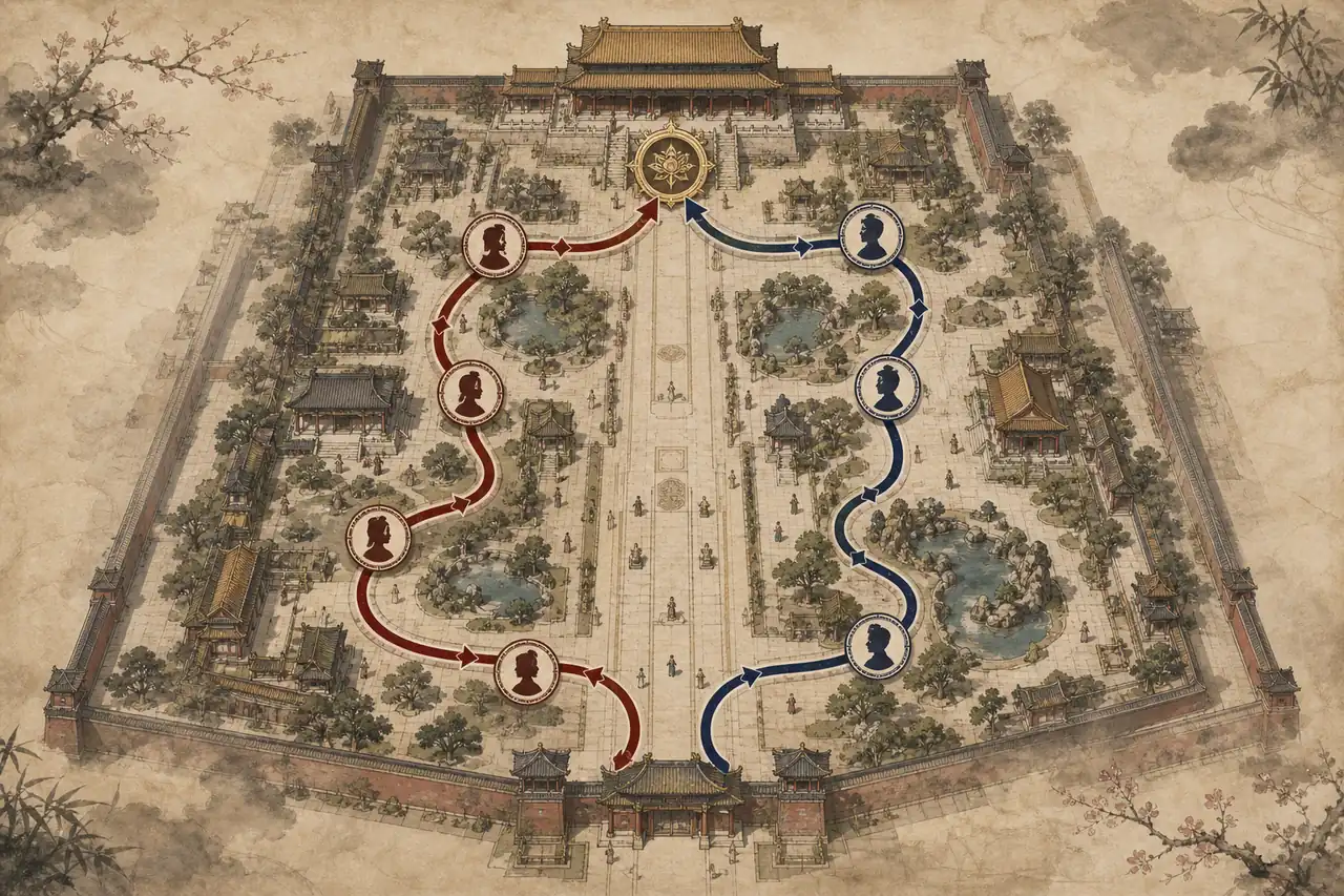 두 갈래 궁궐 경로가 하나의 체크포인트로 모이는 스토리맵 편집 설명 그림